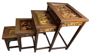 lot 47 image: STUNNING 4 CARVED WOOD ORIENTAL NESTING TABLES VILLAGEPEOPLE SCENES
