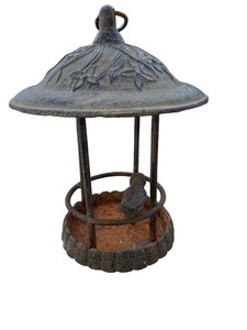 lot 123 image: HEAVY CAST IRON ANTIQUE BIRD FEEDER OR LATERN WITH IRON FINCH JAPAN 1950s