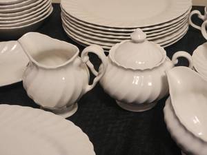 lot 49A image: Elegant Fine China Dinnerware Set by Johnson Brothers - White Ribbed Pattern