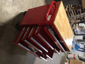 Husky 42 in. W x 18.1 in. D 8-Drawer Red Mobile Workbench Cabinet with Solid Wood Top  Customer Returns See Pictures