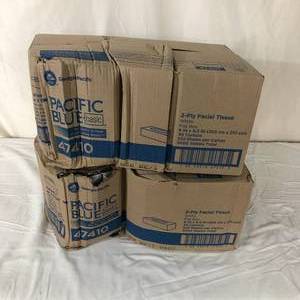 lot 10 image: 2 Cases (30 boxes per case) NEW GP Pro Georgia-Pacific 47410 8 x 8.3 Pacific Blue Basic 2-Ply Facial Tissue - Previously Named Envision - White (dented boxes)