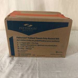 lot 17 image: 1 Box (500 each) NEW Patterson Dental 090-0803 13 x 18 Legacy Patient Towels Poly-Backed Bibs - 2-Ply Tissue with 1-Ply Poly - All Peach Color (box dented)