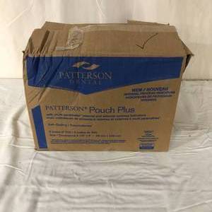 lot 24 image: 1 Almost Full Case (5 boxes of 500 each) NEW Patterson Dental 3 12 x 9 Pouch Plus&nbspAutoclave Sterilization Pouches&nbspwith Multi-Parameter Internal and External Process Indicators (box dented and open)