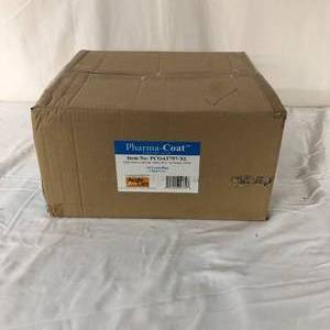 lot 33 image: 1 Case (30 each) NEW Acute Care PCOAT797-L Pharma-Coat Non-Shedding Fluid Resistant Polypropylene Lab Coat - Elastic Wrist, No Pockets - Size Large White (dented box) 