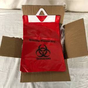 lot 47 image: 1 Case (10 packs of 50 each) NEW MiniGrip UFDD1114 Disposable Biohazard Dressing Disposal Bag 11 x 14 - RedBlack (open box)