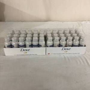 lot 54 image: Lot of 2 NEW In Packages (24 Bottles Per Package) Dove Irritation Care Sensitive Skin Fragrance Free Nourishing Body Wash - Trial Size (1.8 fl oz)