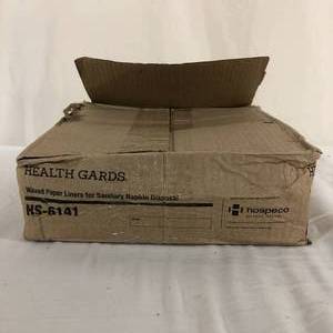 lot 93 image: 1 Case (250 each) NEW Health Gards HS-6141 All-In-One Waste Receptacle Waxed Paper Liners (open dented box)