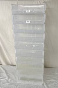 lot 113 image: Lot of 10 Akro-Mils 30255 AkroBins Plastic Item Supply Storage Hanging Stackable Container Bins