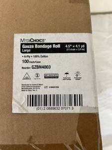 lot 138 image: 1 Case (100 each) NEW MediChoice GZBN4003 4.5 x 4.1 yd 6-Ply 100% Cotton Guaze Bandage Roll - Large