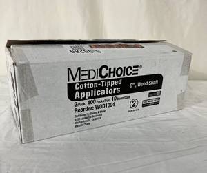 lot 159 image: 1 Case (10 boxes, 100 packs each) NEW MediChoice WOD1004 6 General Purpose Sterile Cotton-Tipped Applicators Wood Shaft -&nbspExpiration 124  I love these  So many uses