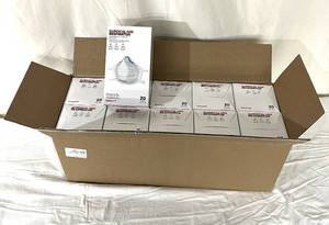 lot 163 image: MSRP $300  1&nbspCase (10 boxes, 20 each)&nbspNEW Honeywell DC365 Surgical NIOSH N95 Professional Respirator Surgical Mask -&nbspHigh fluid-resistant respirator designed for comfort across the spectrum of care. USA made No&nbspExpiration