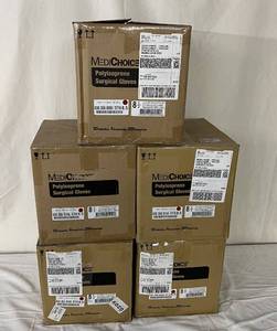lot 104 image: MSRP $2000  5 Cases (200 pairs of gloves per case) HalyardMediChoice Polyisoprene Surgical Gloves -Individually Wrapped Pairs, Latex & Powder Free, STERILE -&nbspSpecial surface treatment provides an enhanced grip - Size 8-12 Exp 1223