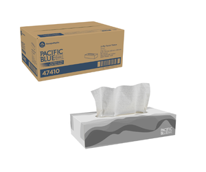 lot 8 image: 1 Case (30 boxes) NEW GP Pro Georgia-Pacific 47410 8 x 8.3 Pacific Blue Basic 2-Ply Facial Tissue - Previously Named Envision - White (box dented)