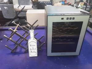 Emerson wine fridge, wine bottle rack, sign