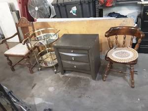 nightstand and 2 vintage chairs