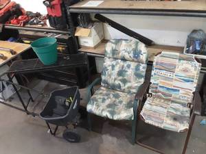 Yardworks broadcast spreader, plant stand, 2 lawn chairs