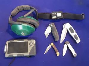 Moultree game camera SD card viewer, 4 pocketknives, headlamp, earmuffs.