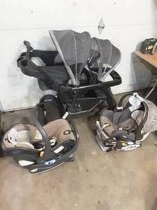 2 chicco car seats with basses and Graco double stroller