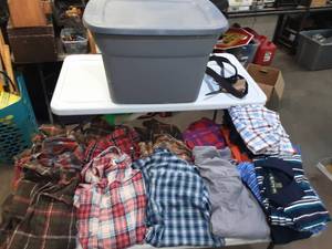 Mens clothes, flannels and more mostly M-L includes tote with lid