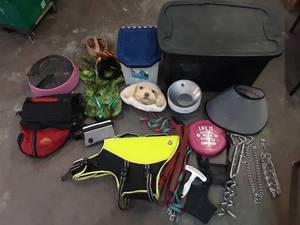 dog supplies, leashes, clothes, auto feeder, life jacket, muzzles more includes tote with lid