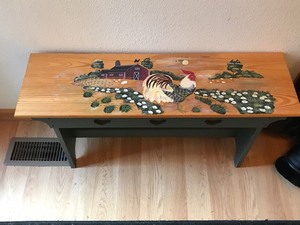 lot 71 image: Rooster Painted Farm Scene Entryway Bench