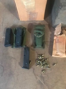 lot 363 image: 2 - Military Ammo Cans - 3 - 9mm Clips - Box of Field Dressing & More