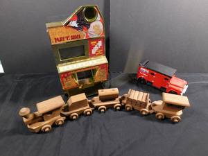 lot 258 image: Slot Machine Bank, Wooden Train, Mills Metal Bank