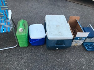 lot 382 image: Coolers, Water Can & 2 Aluminum Fold Up Chairs