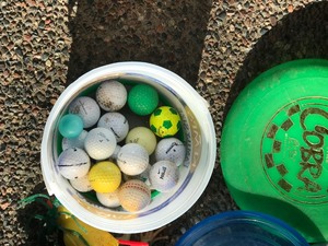 lot 645 image: Garbage can of sports equipment and more