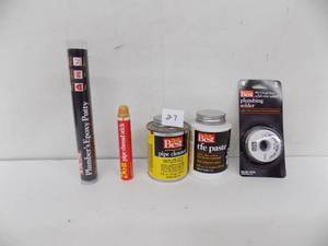 lot 27 image: Plumbing Items, Pipe cleaner, TFE Past, Plumbing Solder, Pipe thread stick, Plumbers epoxy putty