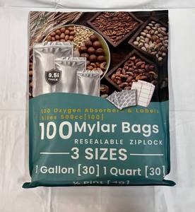 100 Mylar Bags(3 sizes), Oxygen Absorbers & Labels