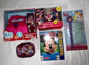 Minnie Mouse Soap & Scrub, Mickey talking Im Ready to Read Book, My First Beauty Set(Light up Purse), Disney Ribbon Dancer & Disney Meal Time Magic