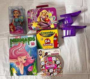 Disney Princess Petite Ariel, Tangled Metal Lunch Box, Disney Princess Smackers & 64ct Crayola Crayons & Mermaid Coloring Book