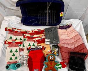 Large Variety of Pet Sweaters, Toys & Small Kennel