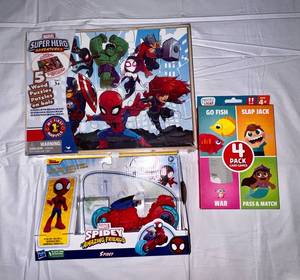 5 Wood Spiderman Puzzles, Spidey wMotorcycle & 4 Pack of Card Games