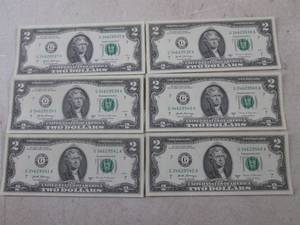 lot 31 image: (CNTR) 6 Uncirculated Consecutive Serial Number $2.00 Bills