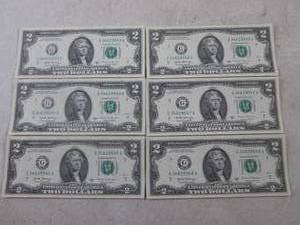 lot 32 image: (CNTR) 6 Uncirculated Consecutive Serial Number $2.00 Bills
