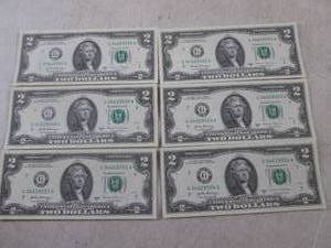 lot 33 image: (CNTR) 6 Uncirculated Consecutive Serial Number $2.00 Bills