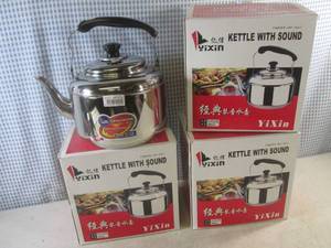 lot 40 image: (F-3) 3 Stainless Steel Tea Kettles with Sound