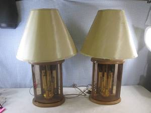 lot 78 image: (F-0) Pair Vintage Table Lamps Wood with Glass Front and Accent Lights Inside Base