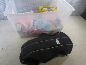 lot 150 image: (EC1) Tote of Assorted Kids Accessories All New and Baby Bjorn Baby Carrier