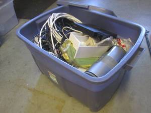 lot 155 image: (EC1) Large Tote with Lid Full of Assorted Small Electronics, Cords, Cables Etc