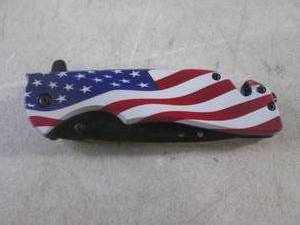 lot 167 image: (CNTR) US Flag Design Spring Assist Knife with Belt Clip - 4 34 Closed  8 12 Open - New In Box