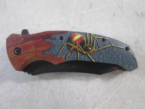 lot 168 image: (CNTR) Spider Design Spring Assist Knife with Belt Clip - 4 34 Closed  8 12 Open - New In Box