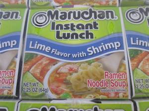 lot 296 image: (EC2) Case of 12 Instant Lunch Ramen Noodle Soup Cups Lime with Shrimp Past Date