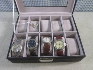 lot 309 image: (CNTR) R. Forbes Locking Wrist Watch Case with Keys and 4 Watches Including Fossil, Timex and 2 Wenger - Case Holds 10 Watches