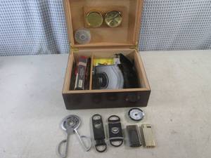 lot 330 image: (BSB) Thompson & Co. Cigar Humidor with Cherry Wood Finish Including Contents - Lighters, Cigar Cutters Etc