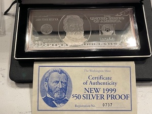 4 Ounce .999 Fine Silver 1999 $50 Dollar Silver Proof