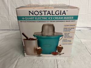 lot 37 image: Nostalgia 4-Qt. Electric Ice Cream Maker with Easy-Carry Handle - Blue