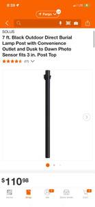 lot 8 image: SOLUS 7 ft. Black Outdoor Direct Burial Lamp Post with Convenience Outlet and Dusk to Dawn Photo Sensor fits 3 in. Post Top ($110.98 Retail Value)